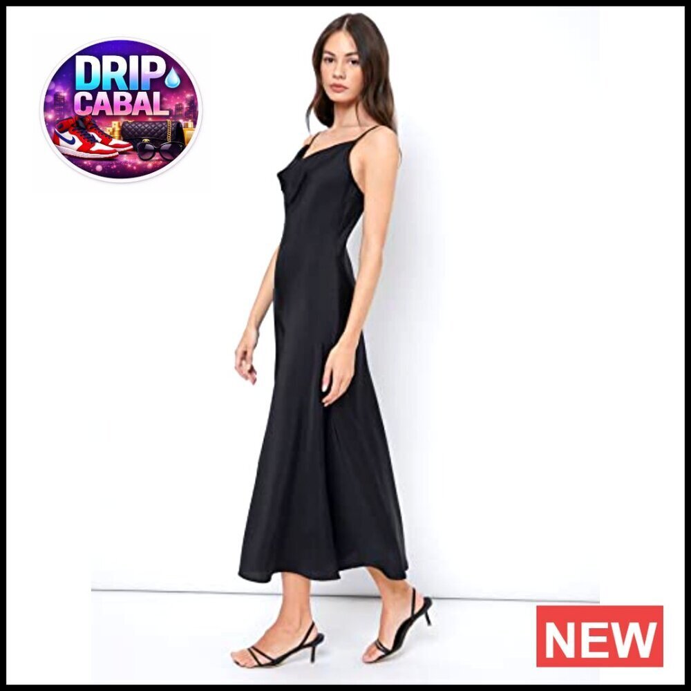 Satin Silk Slip Dress Elegant Minimal Cowl Neck Spaghetti Strap Midi Length - Picture 3 of 5